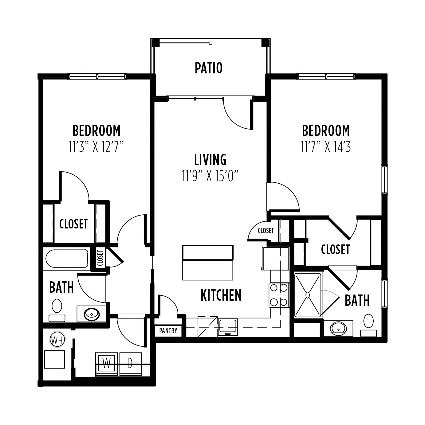 Floor plan for 2 beds, 2 baths, 1099 sqft