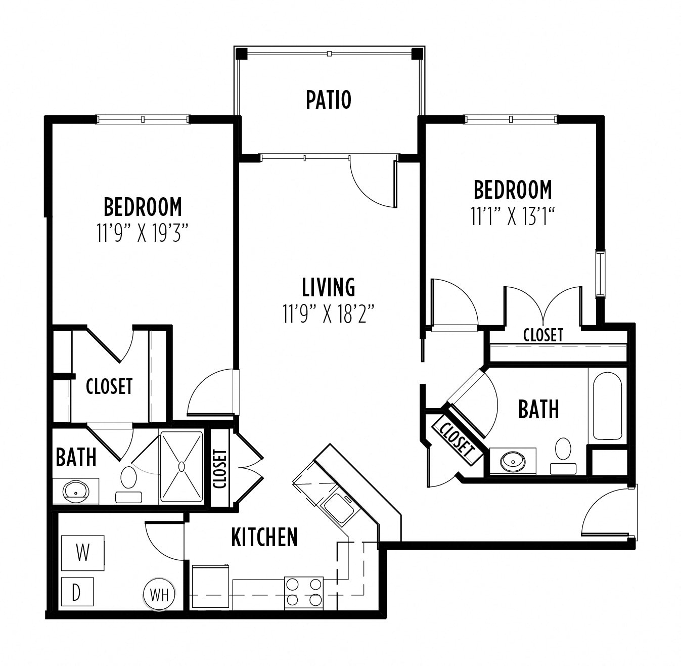 Floor plan for 2 beds, 2 baths, 1191 sqft