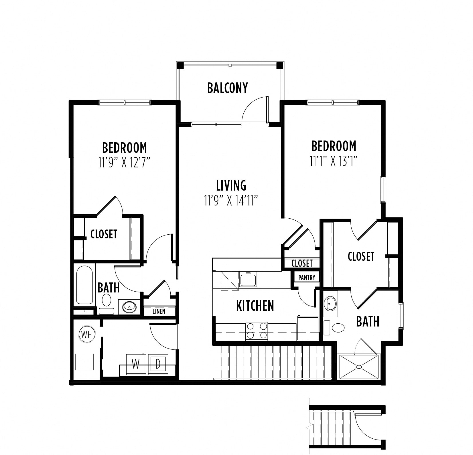 Floor plan for 2 beds, 2 baths, 1255 sqft