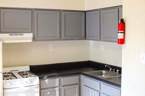 Columbia apartment for rent - a kitchen with a stove and sink and gray cabinets