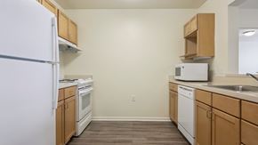 Baltimore apartment for rent - A kitchen with white appliances and wooden cabinets.