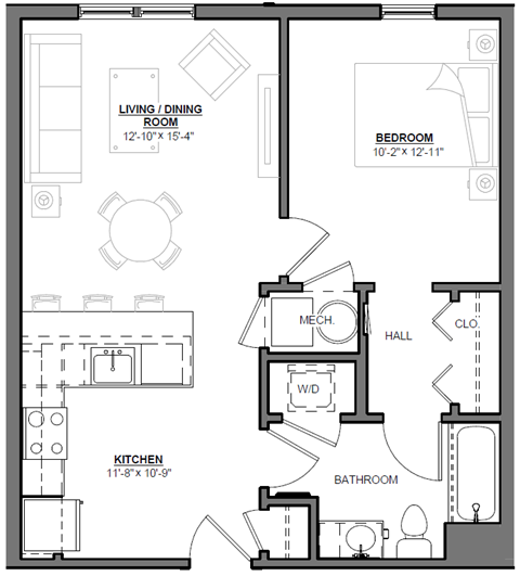 Floor plan for 1 bed, 1 bath, 728 sqft