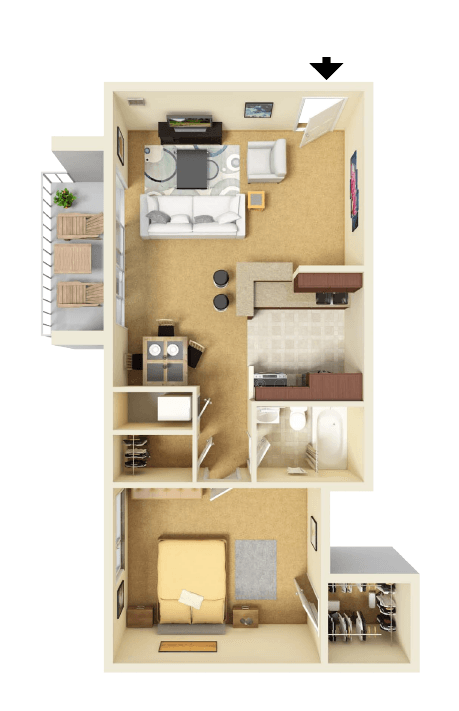Floor plan for 1 bed, 1 bath, 784 sqft