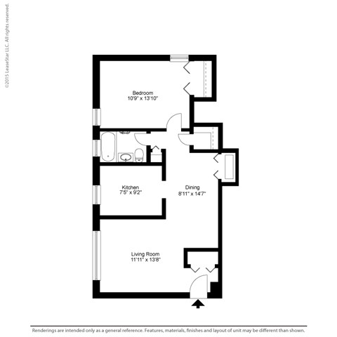 Floor plan for 1 bed, 1 bath, 652 sqft