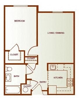 Floor plan for 1 bed, 1 bath, 640 sqft
