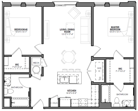 Floor plan for 2 beds, 2 baths, 990 sqft