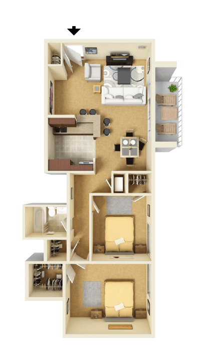 Floor plan for 2 beds, 1 bath, 936 sqft