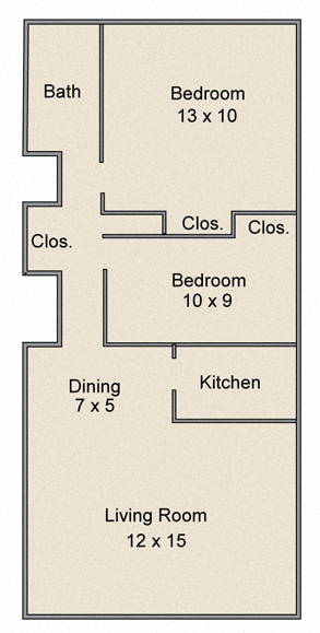 Floor plan for 2 beds, 1 bath, 651 sqft