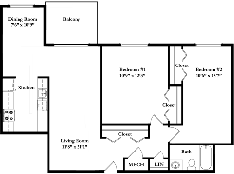 Floor plan for 2 beds, 1 bath, 940 sqft