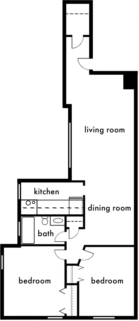 Floor plan for 2 beds, 1 bath, 925 sqft