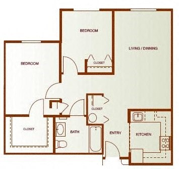 Floor plan for 2 beds, 1 bath, 925 sqft