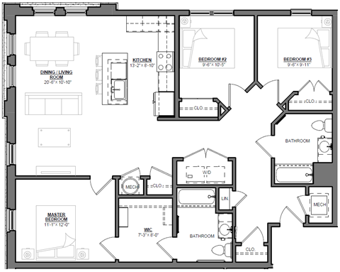 Floor plan for 3 beds, 2 baths, 1119 sqft