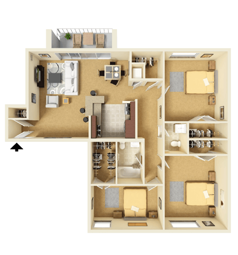 Floor plan for 3 beds, 1 bath, 1141 sqft