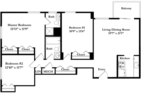 Floor plan for 3 beds, 2 baths, 1165 sqft