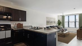Baltimore apartment for rent - A modern kitchen with dark brown cabinets and a large island.