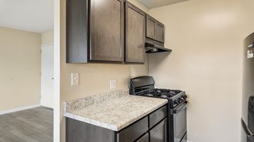 Washington apartment for rent - A kitchen with a black stove top oven and a counter top with a granite counter top.