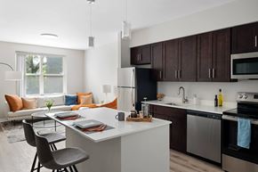 Silver Spring apartment for rent - A modern kitchen with a dining table and chairs.