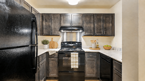 Ellicott City apartment for rent - A black refrigerator is in a kitchen with wooden cabinets.