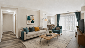 Washington apartment for rent - A living room with a couch, armchair, and coffee table.