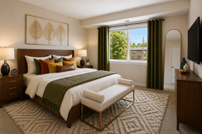 Washington apartment for rent - A bedroom with a large bed and a window with green curtains.