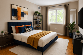 Washington apartment for rent - A bedroom with a large bed and a painting on the wall.
