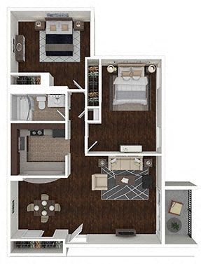 Floor plan for 2 beds, 1 bath, 879 sqft