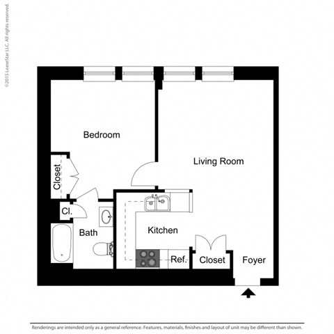 Floor plan for 1 bed, 1 bath, 822 sqft
