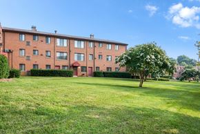Washington apartment for rent - Exterior view of Meadowbrook Run Apartments, an Enterprise community in Congress Heights, Washington, D.C., surrounded by mature trees and green space, showcasing a peaceful park-like setting
