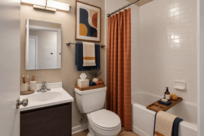 Washington apartment for rent - A bathroom with a toilet, sink, and shower.