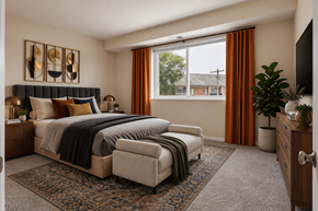 Washington apartment for rent - A bedroom with a large bed and a window with orange curtains.