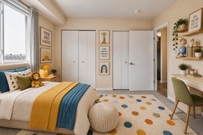 Washington apartment for rent - A bedroom with a bed, a desk, and a chair.