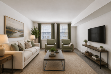 Towson apartment for rent - A living room with a couch, two chairs, a coffee table, and a painting on the wall.
