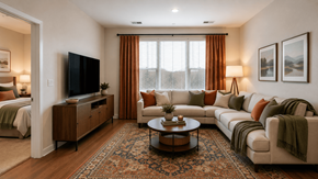 Columbia apartment for rent - A living room with a large couch, a coffee table, and a television.