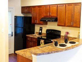 Halethorpe apartment for rent - a kitchen with a granite counter top and a black refrigerator