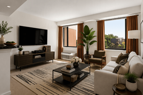 Washington apartment for rent - A modern living room with a flat screen TV, a coffee table, and a large window with curtains.