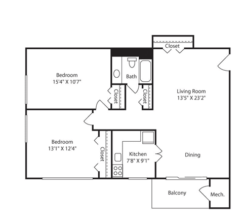 Floor plan for 2 beds, 1 bath, 880 sqft