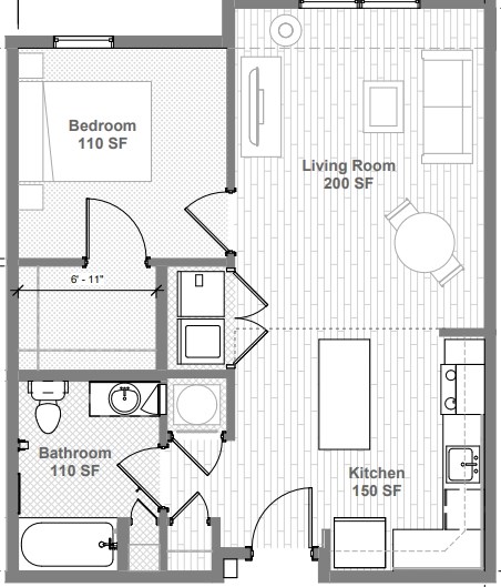 Floor plan for 1 bed, 1 bath, 604 sqft