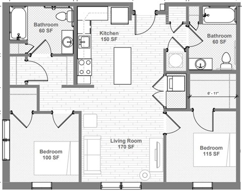 Floor plan for 2 beds, 2 baths, 893 sqft