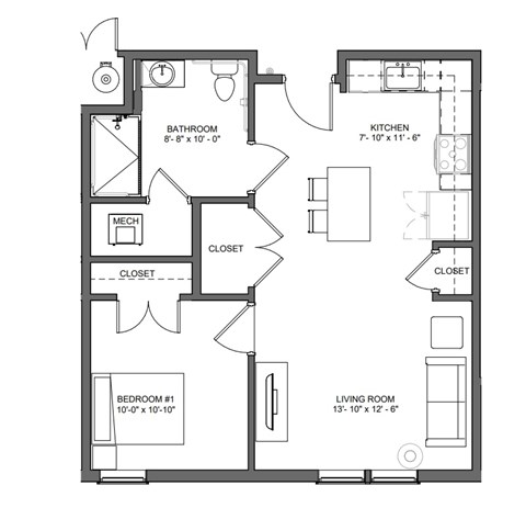 Floor plan for 1 bed, 1 bath, 610 sqft