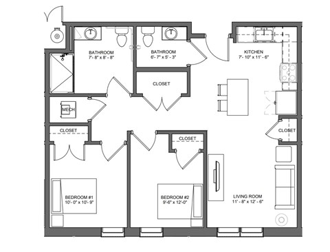 Floor plan for 2 beds, 1.5 baths, 820 sqft