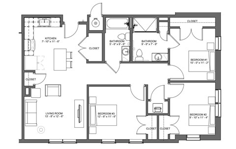 Floor plan for 3 beds, 2 baths, 1070 sqft