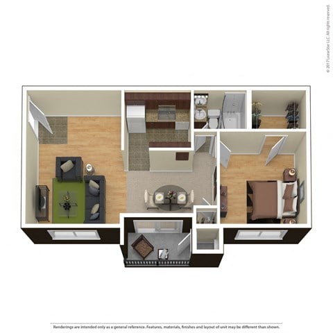 Floor plan for 1 bed, 1 bath, 595 sqft
