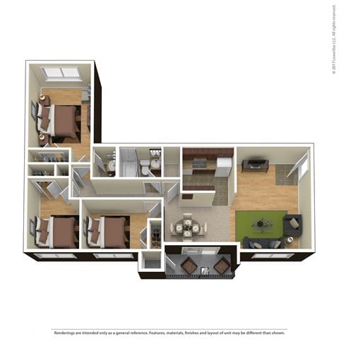 Floor plan for 3 beds, 1.5 baths, 832 sqft