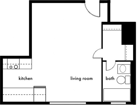 Floor plan for 1 bed, 1 bath, 359 sqft