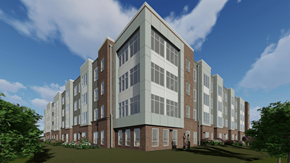 Columbia apartment for rent - A large, modern building with a green lawn in front.