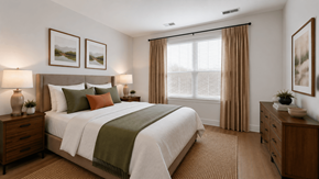Columbia apartment for rent - A bedroom with a large bed, two nightstands, and a window with curtains.