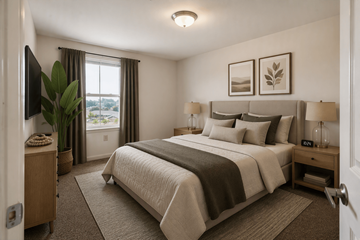 Baltimore apartment for rent - A bedroom with a large bed and a window with curtains.