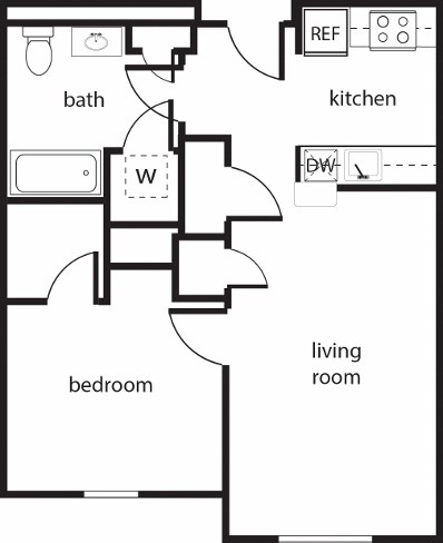 Floor plan for 1 bed, 1 bath, 613 sqft