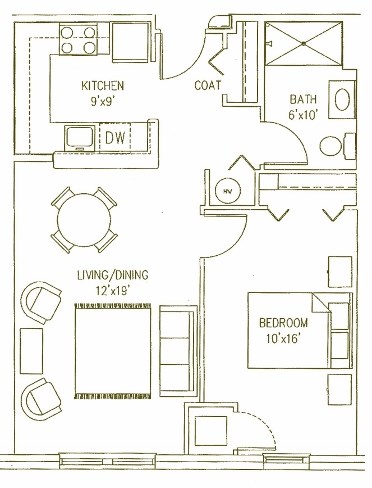 Floor plan for 1 bed, 1 bath, 643 sqft