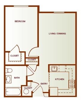 Floor plan for 1 bed, 1 bath, 610 sqft